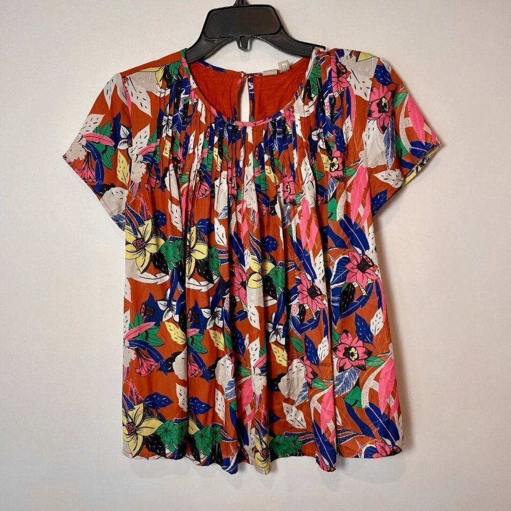 Anthropologie‎ Dolan Tunic Floral Blouse Womens Orange S Pleated Short Sleeve